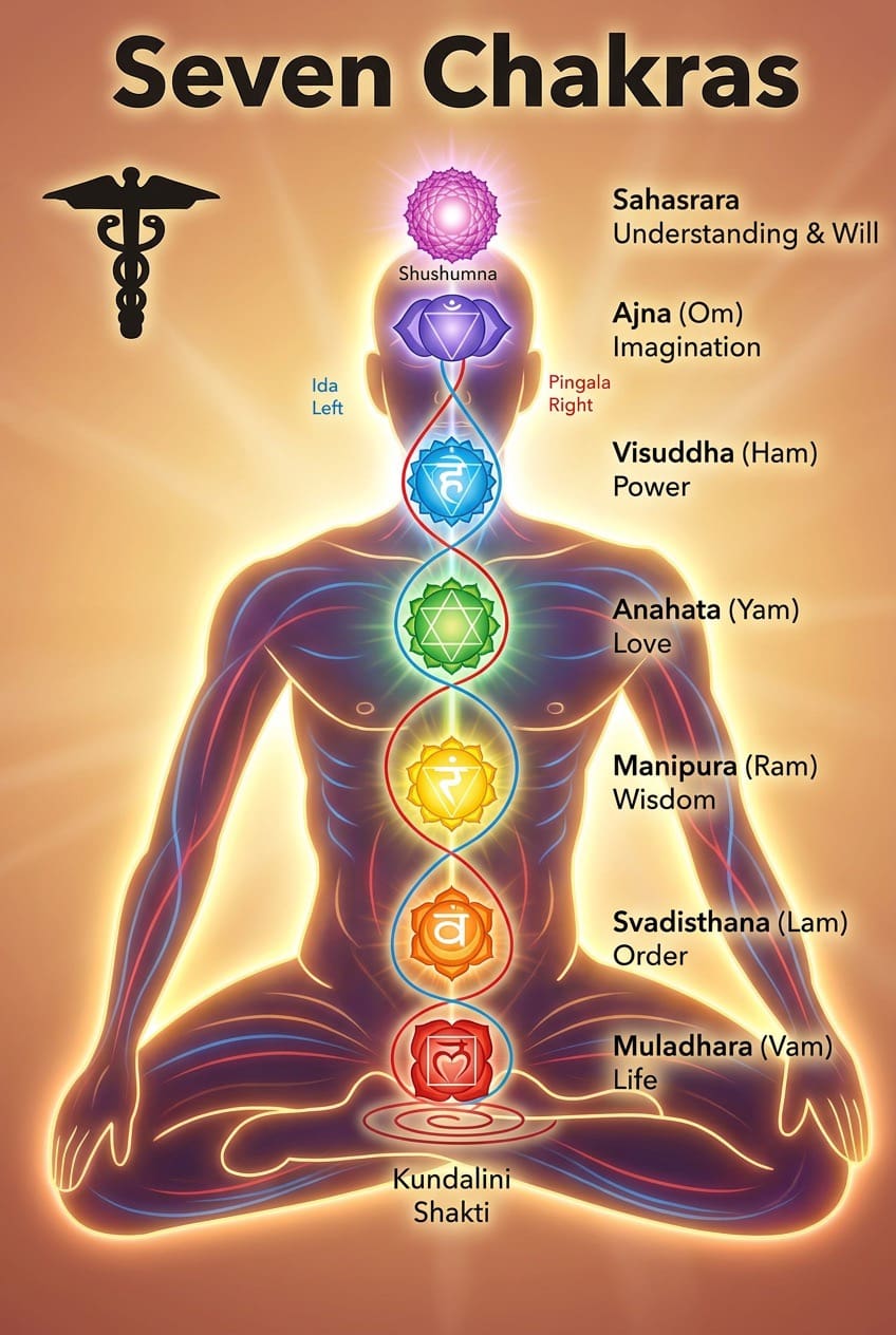 Illustration of the seven-chakra system with Ajna at the forehead