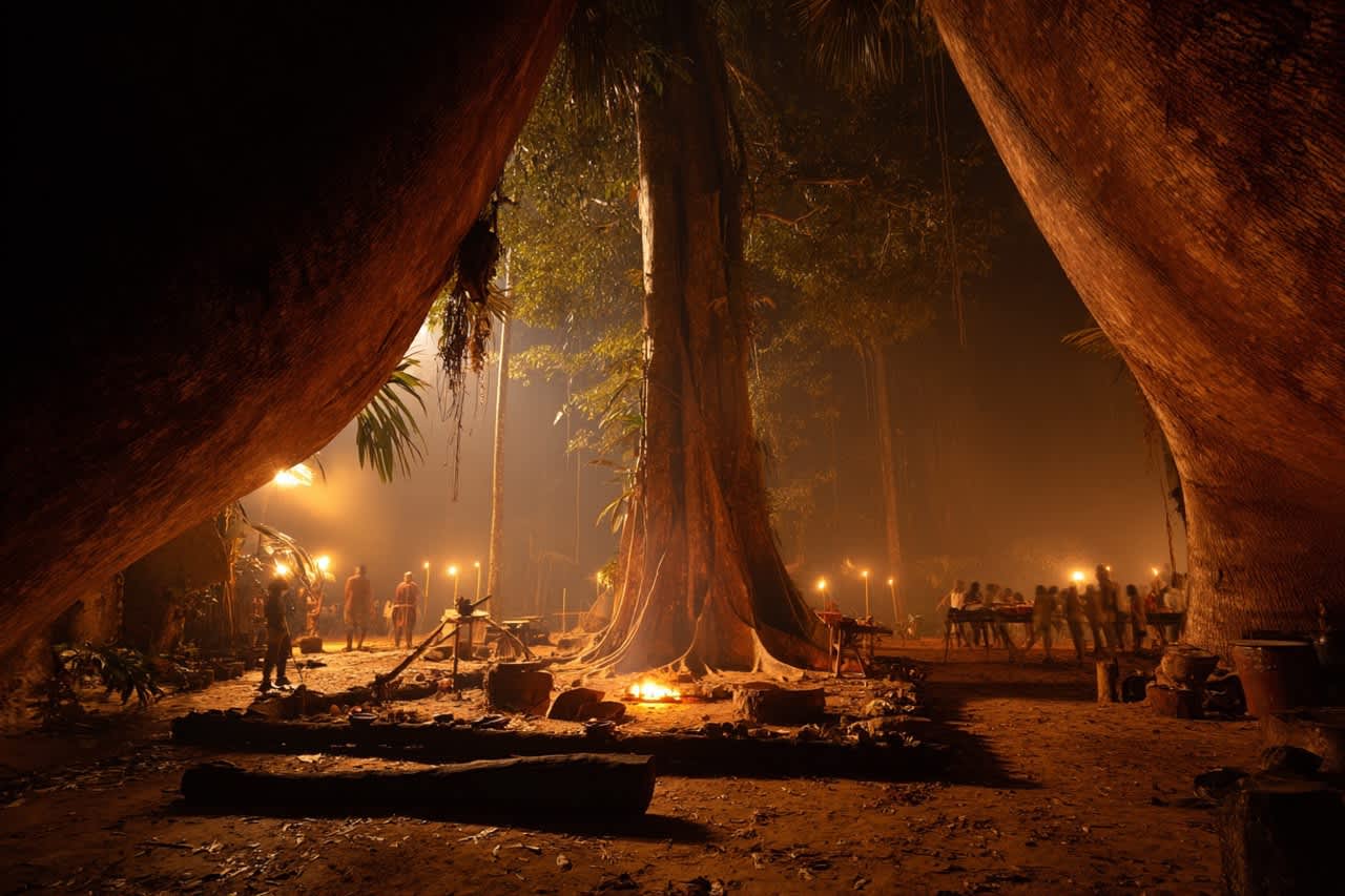 Root chakra energy centre under huge tree in Amazon
