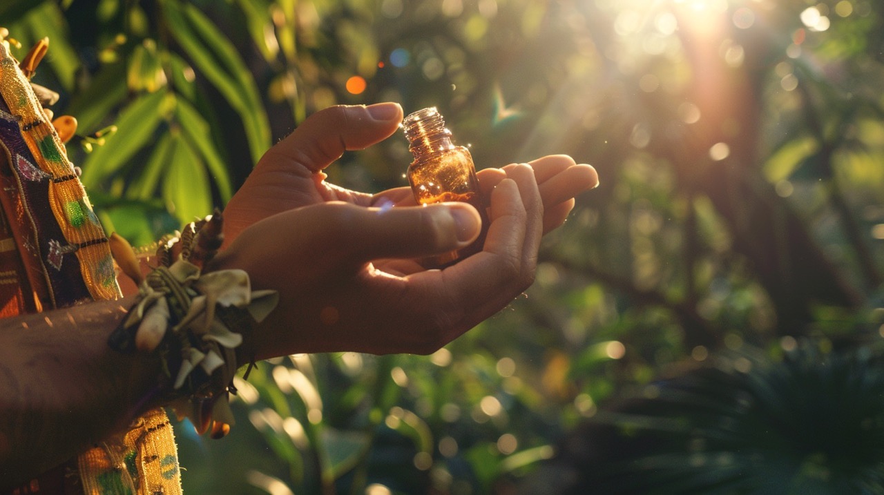 Hands holding a small amber bottle in a forest setting