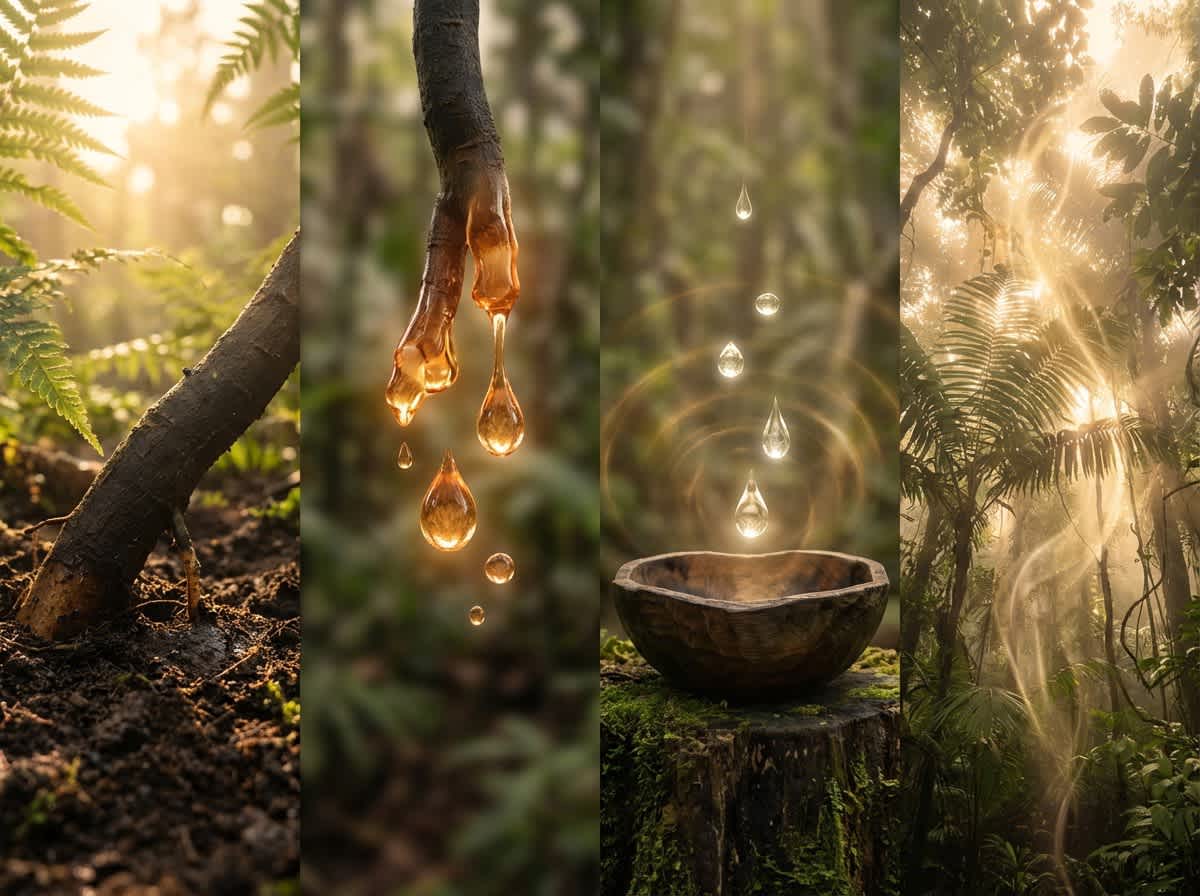 Illustration of plant roots, liquid drops and Amazonian forest