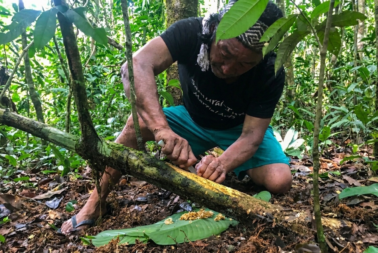 Man processing plant material in an Amazonian forest setting